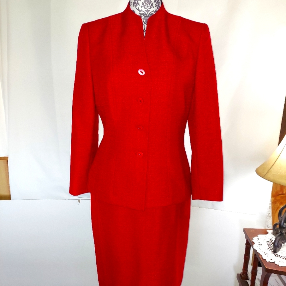 Le Suit Womens Red Skirt Suit Blazer Jacket Set